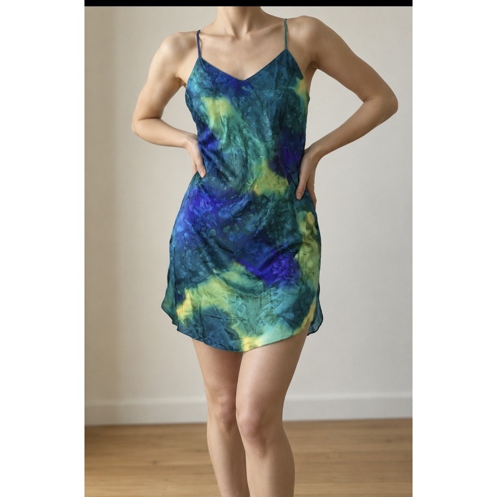 Vintage 90s Y2K Lasoie Silk Tie-Dye Slip Mini Dress Size 8 Thin Strap